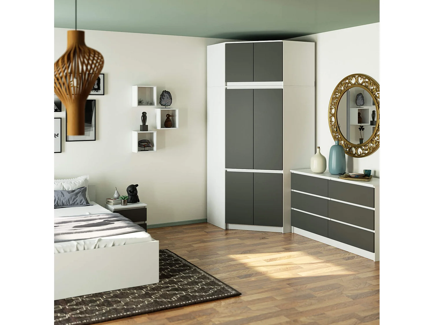 Hoekkledingkast S100 met Opzetstuk / AKORD Furniture Factory / Wit - Grafietgrijs / 100 x 235 x 50 cm