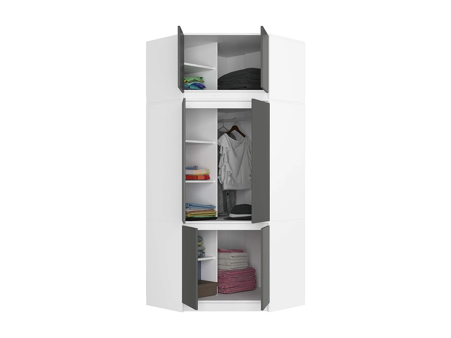 Hoekkledingkast S100 met Opzetstuk / AKORD Furniture Factory / Wit - Grafietgrijs / 100 x 235 x 50 cm
