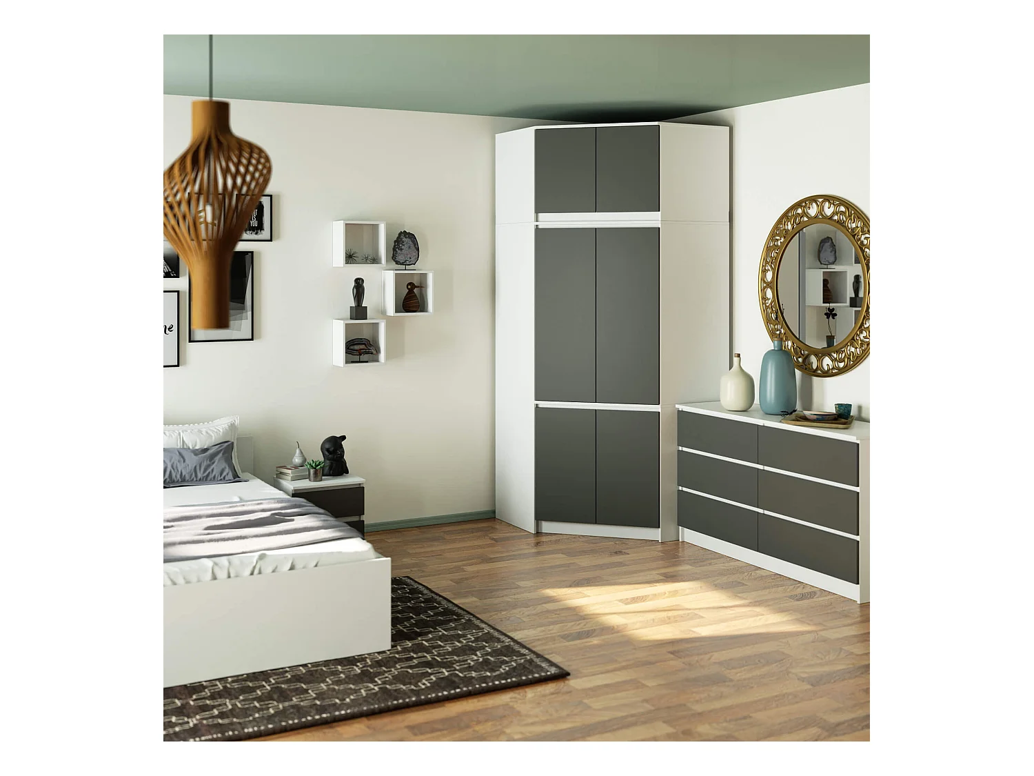 Eckkleiderschrank Weiß 100 cm 6 Türen Front Graphitgrau B100xH235xT50 cm