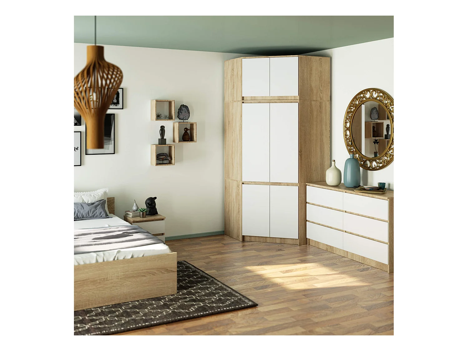 Armoire d'angle avec surmeuble AKORD S100 Chêne Sonoma 100 cm 6 portes façade Blanche 100x50x235 cm