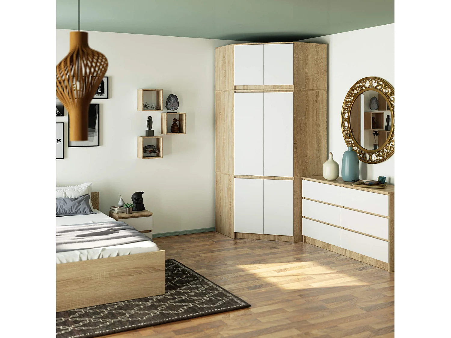 Armoire d'angle avec surmeuble AKORD S100 Chêne Sonoma 100 cm 6 portes façade Blanche 100x50x235 cm