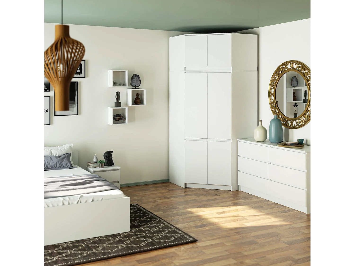 Armoire d'angle avec surmeuble AKORD S100 Blanche 100 cm 6 portes façade Blanche 100x50x235 cm