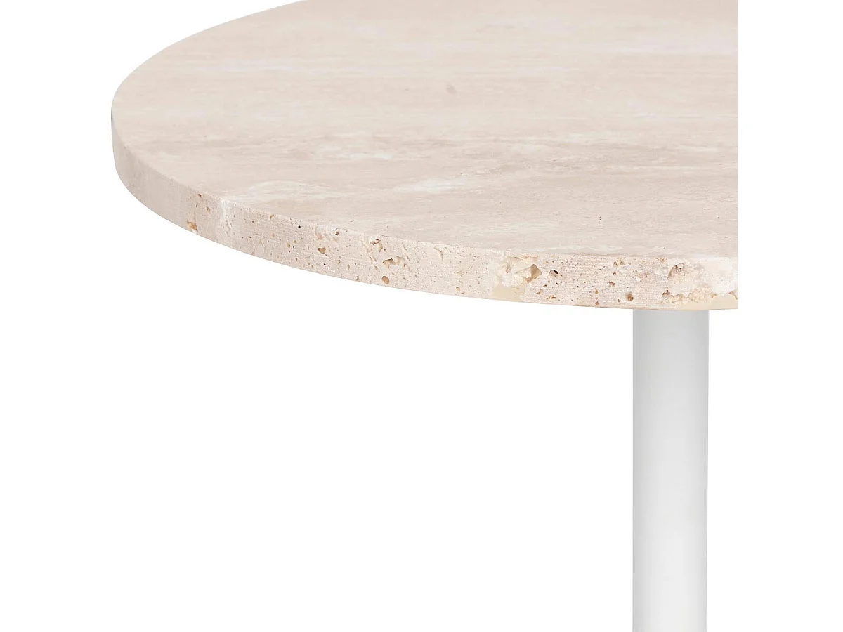 Table d'appoint en travertin Beige et pied en métal Blanc D. 40 x H. 45 cm