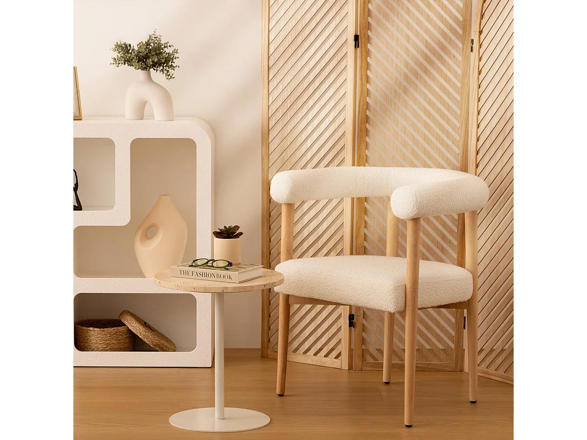 Table d'appoint en travertin Beige et pied en métal Blanc D. 40 x H. 45 cm