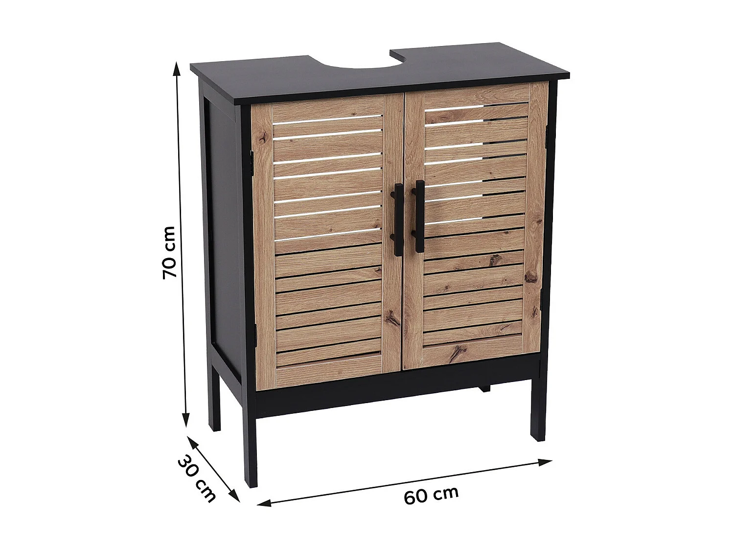 Meuble sous lavabo 2 Portes et 1 Etagère intérieure H 70 cm -  Noir