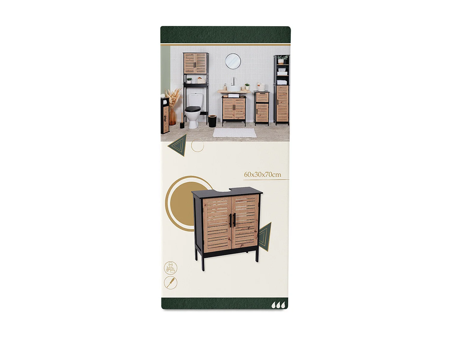 Meuble sous lavabo 2 Portes et 1 Etagère intérieure H 70 cm -  Noir