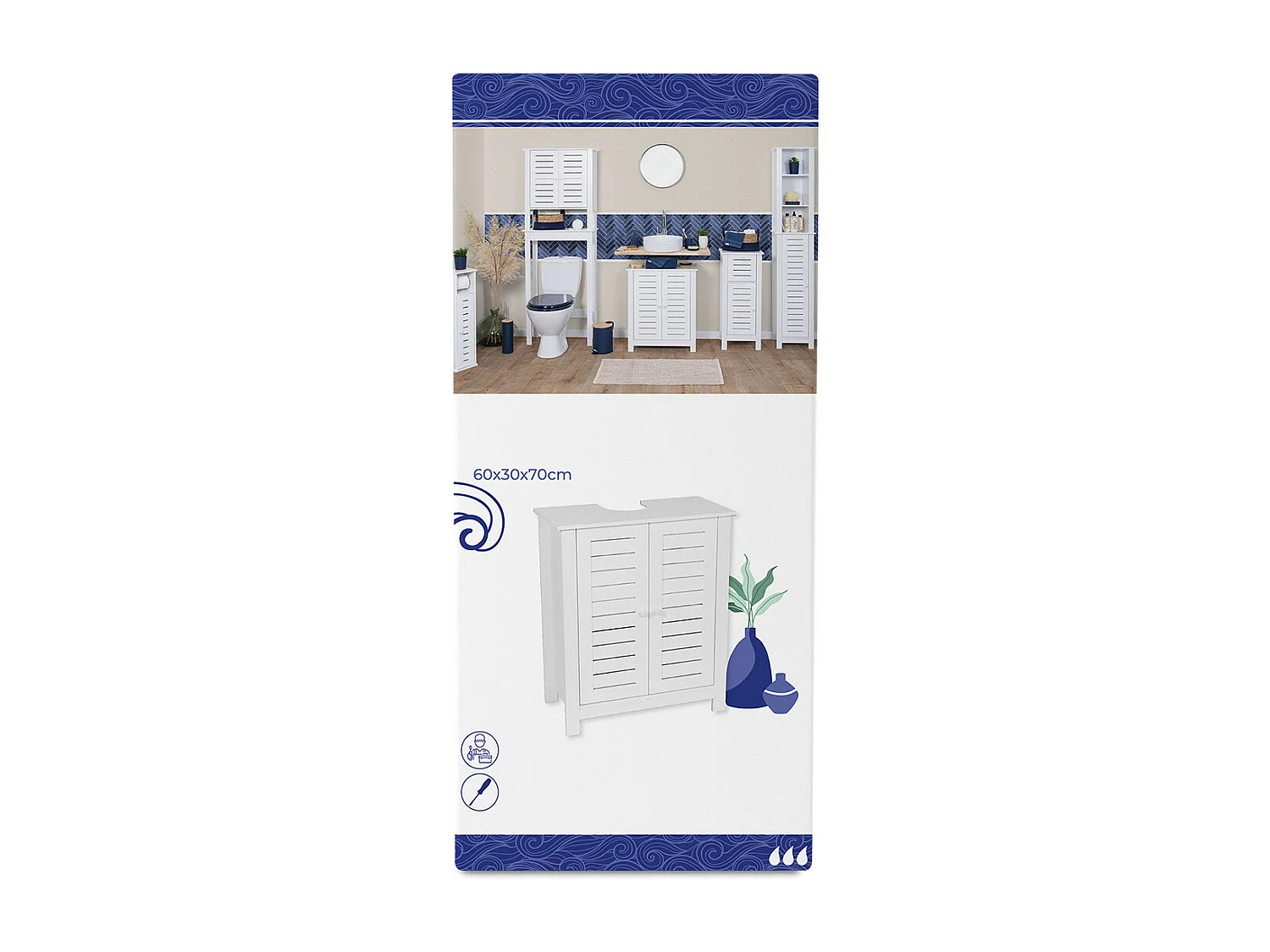 Meuble sous lavabo 2 Portes et 1 Etagère intérieure H 70 cm -  Blanc