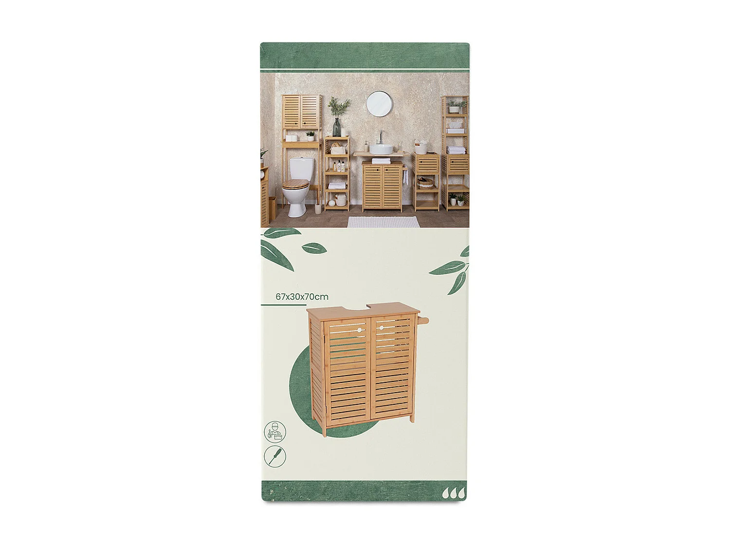 Meuble sous lavabo 2 Portes et 1 Etagère intérieure H 70 cm -  Naturel