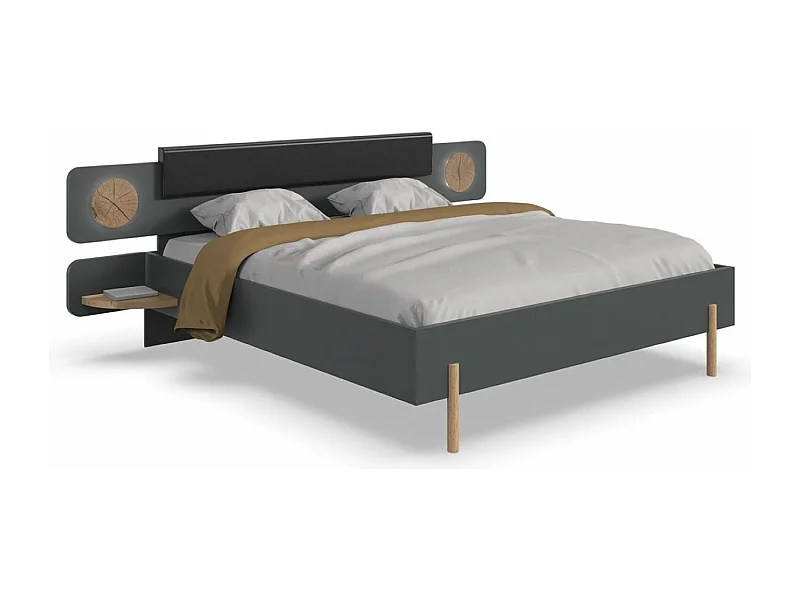Lit adulte + 2 tables de chevets coloris graphite, rechampis imitation bois - Longueur 260 x Hauteur 95 x Profondeur 210 cm 