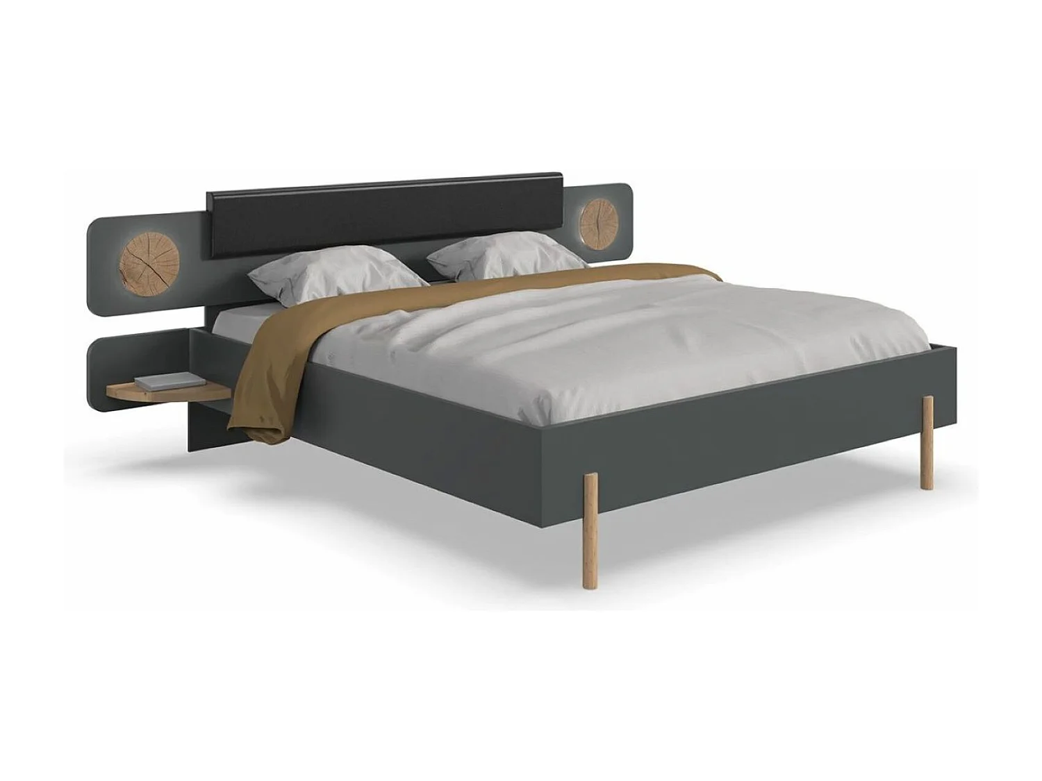 Lit adulte + 2 tables de chevets coloris graphite, rechampis imitation bois - Longueur 260 x Hauteur 95 x Profondeur 210 cm 