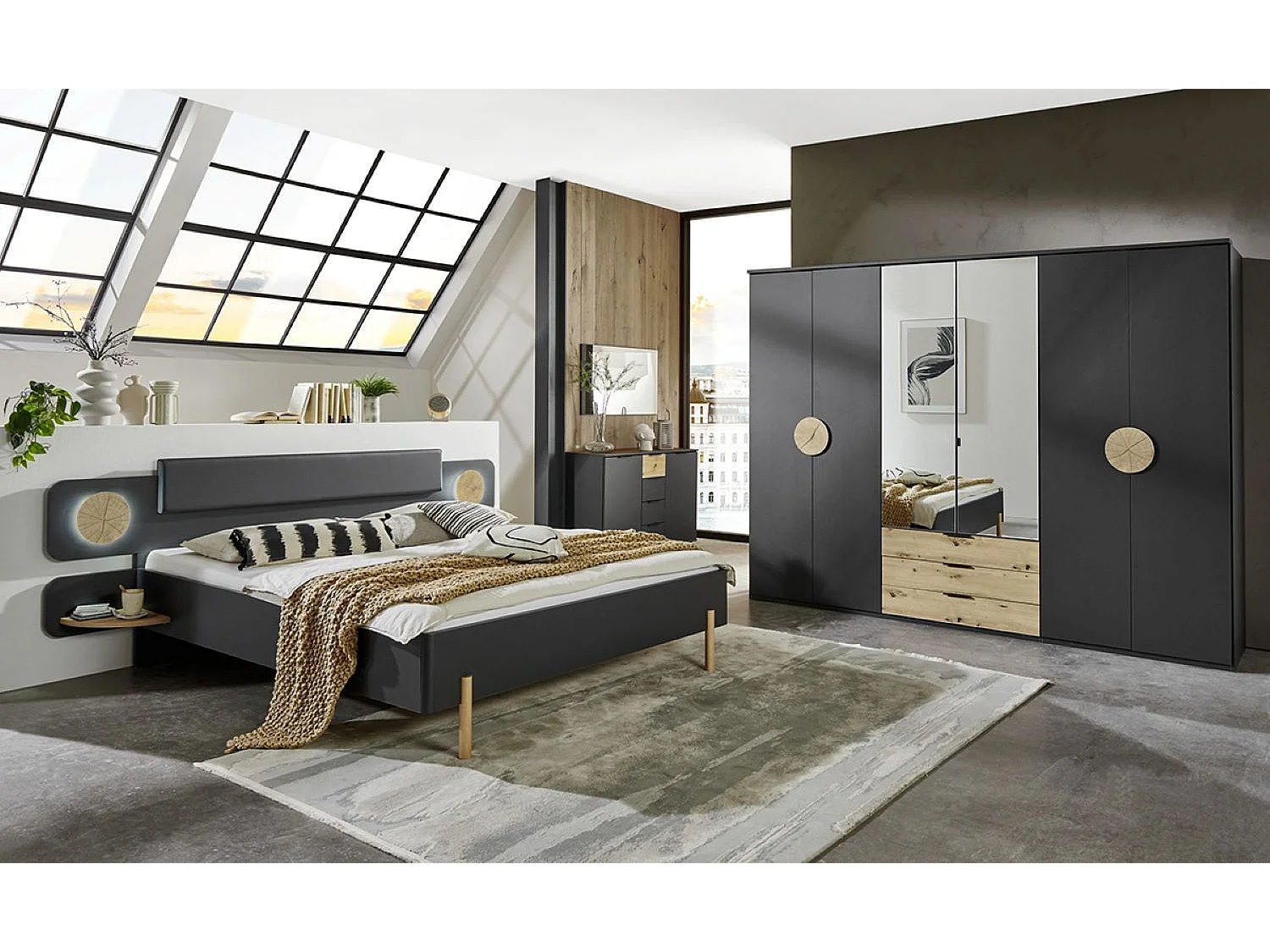 Lit adulte + 2 tables de chevets coloris graphite, rechampis imitation bois - Longueur 260 x Hauteur 95 x Profondeur 210 cm 