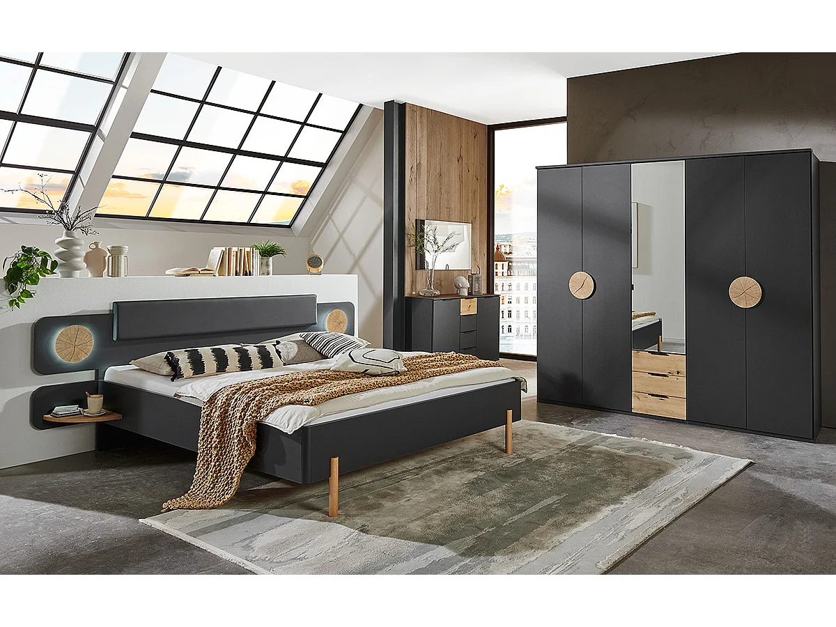 Lit adulte + 2 tables de chevets coloris graphite, rechampis imitation bois - Longueur 260 x Hauteur 95 x Profondeur 210 cm 