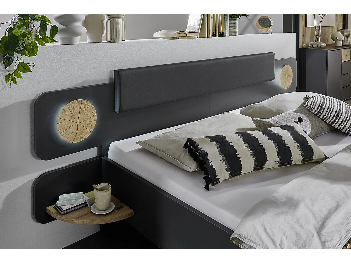 Lit adulte + 2 tables de chevets coloris graphite, rechampis imitation bois - Longueur 260 x Hauteur 95 x Profondeur 210 cm 