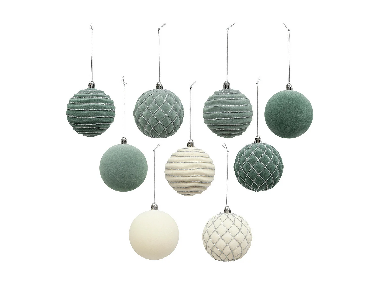 Déco de Sapin Coffret 9 Boules de Noël pailletées D 8 cm Vert et Blanc cassé