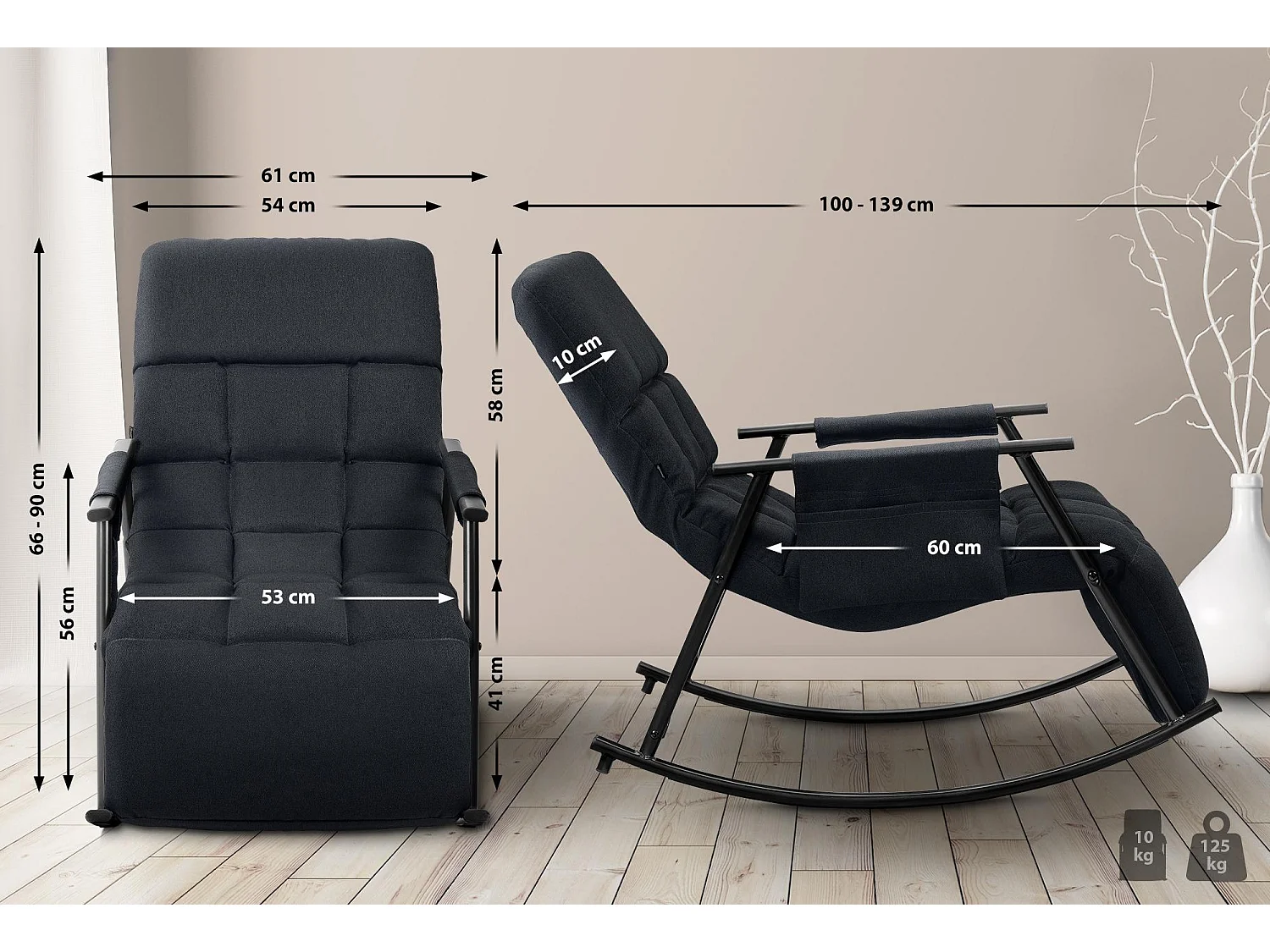 Fauteuil à bascule - Tissu & Métal noir mat - Noir - Cathy