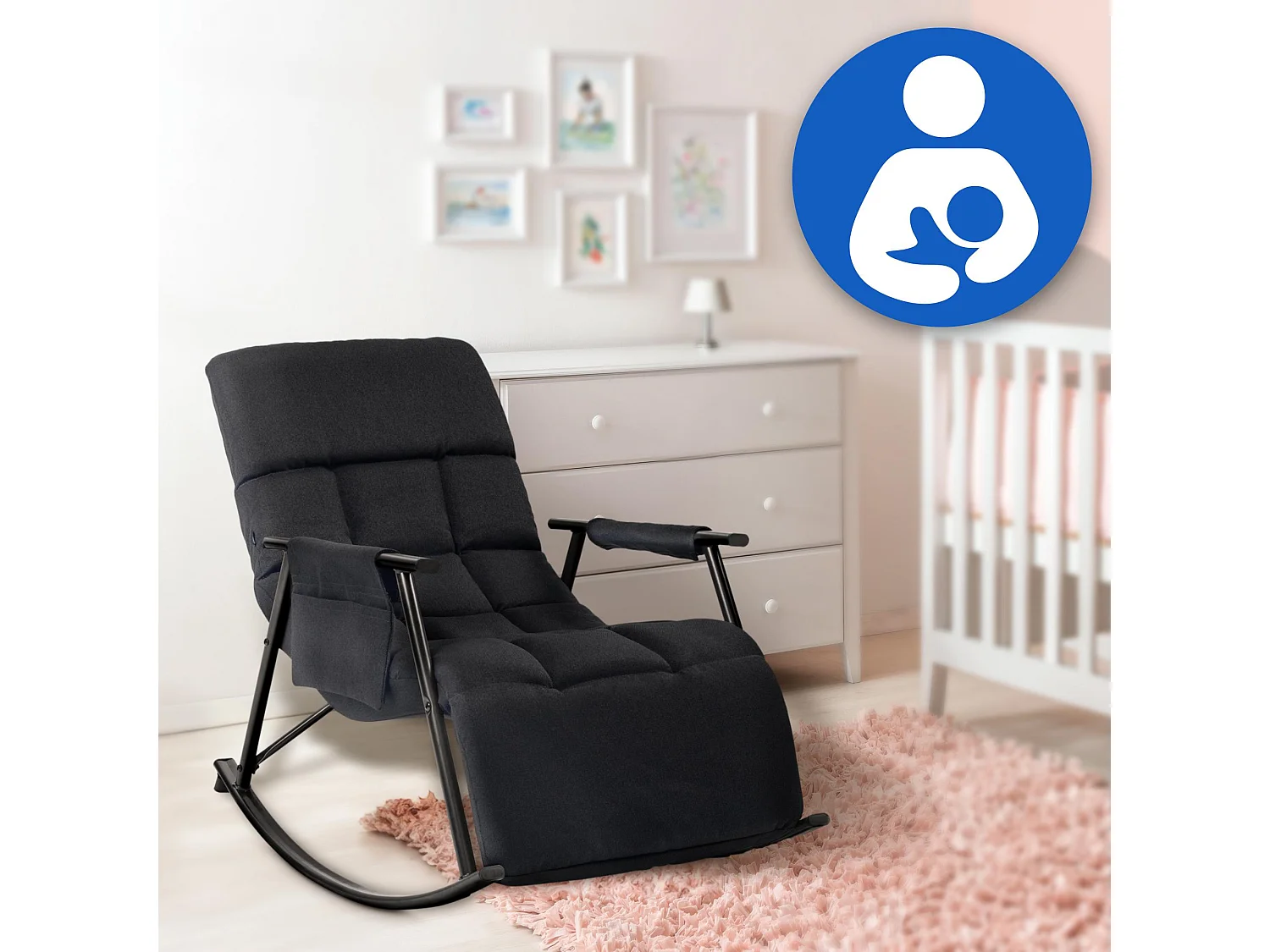 Fauteuil à bascule - Tissu & Métal noir mat - Noir - Cathy