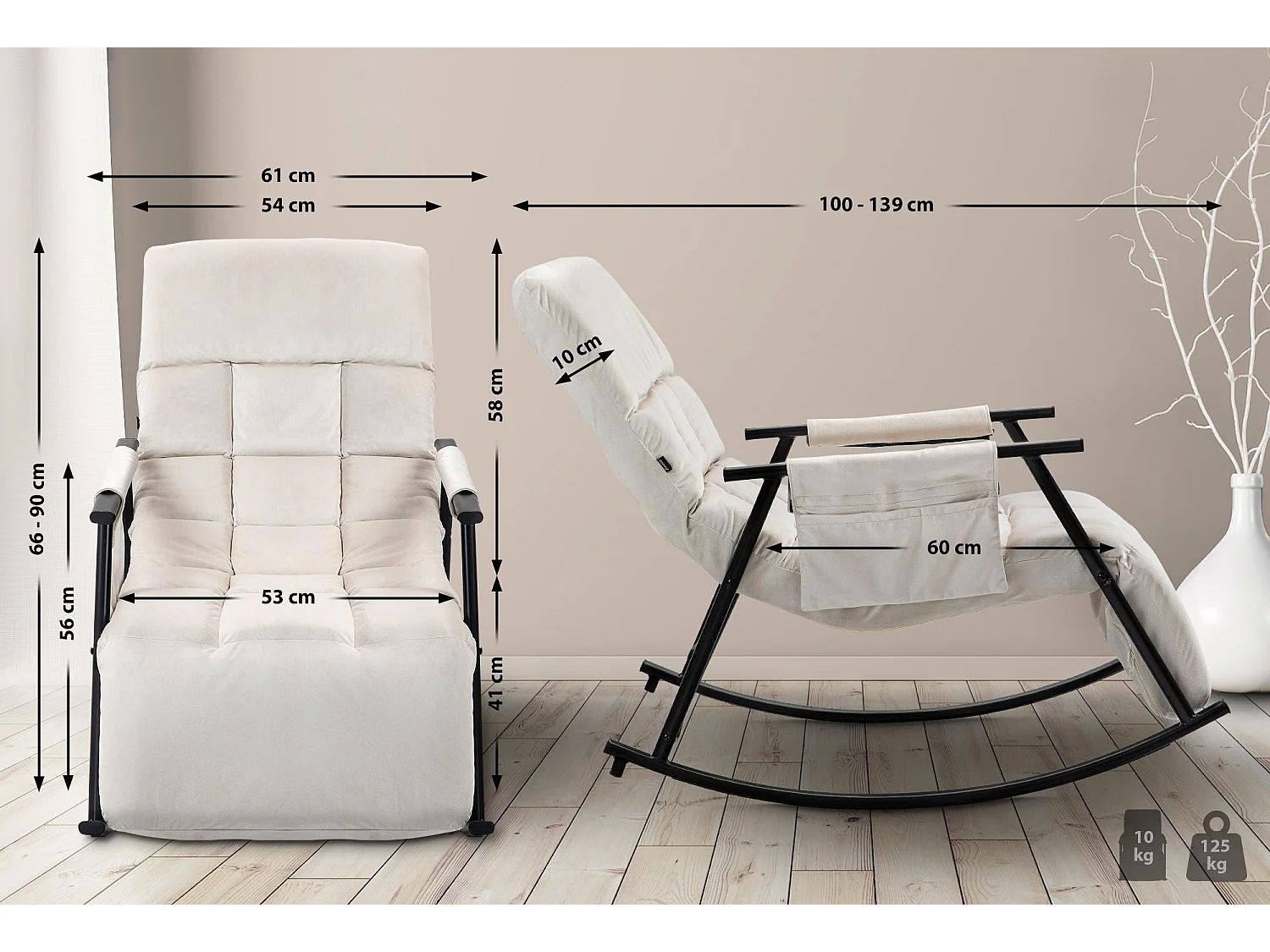 Fauteuil à bascule - Velours & Métal noir mat - Crème - Cathy