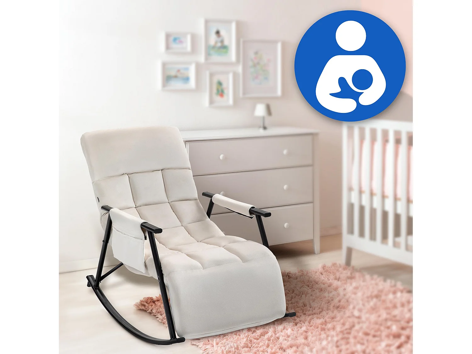 Fauteuil à bascule - Velours & Métal noir mat - Crème - Cathy