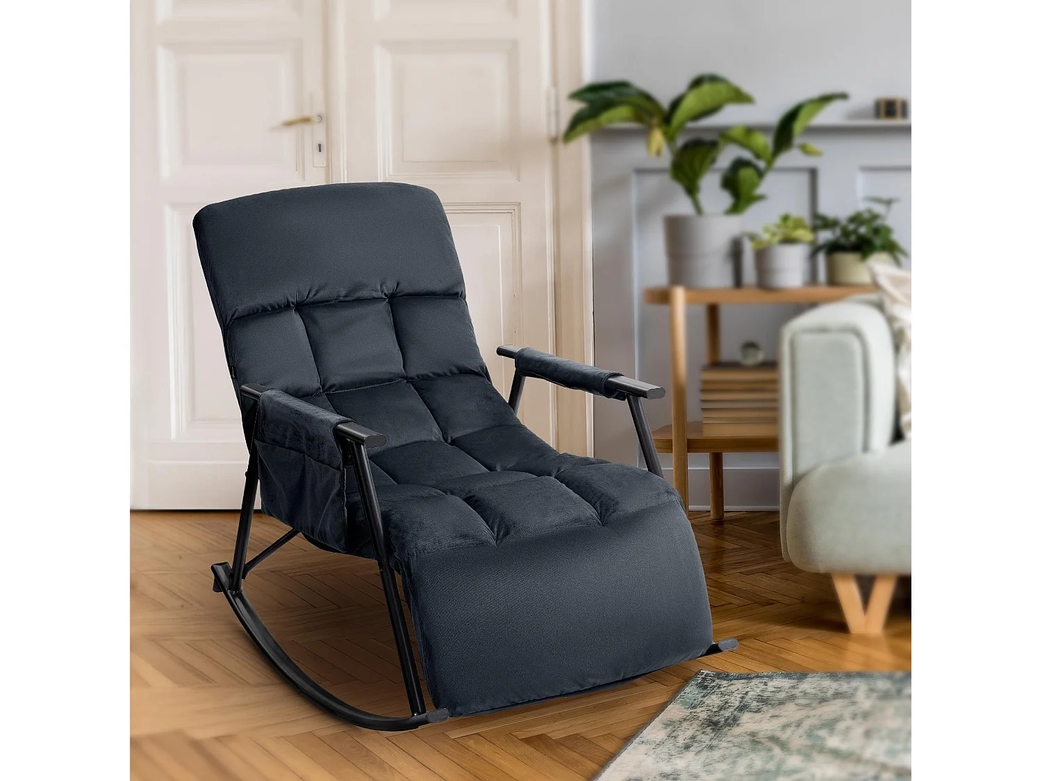 Fauteuil à bascule - Velours & Métal noir mat - Noir - Cathy
