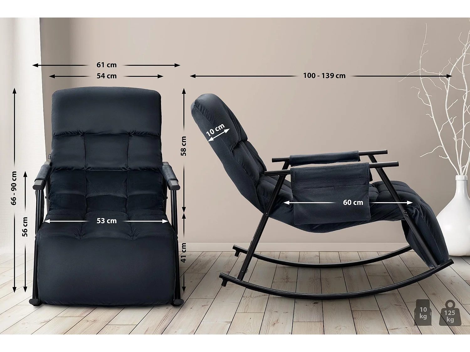 Fauteuil à bascule - Velours & Métal noir mat - Noir - Cathy