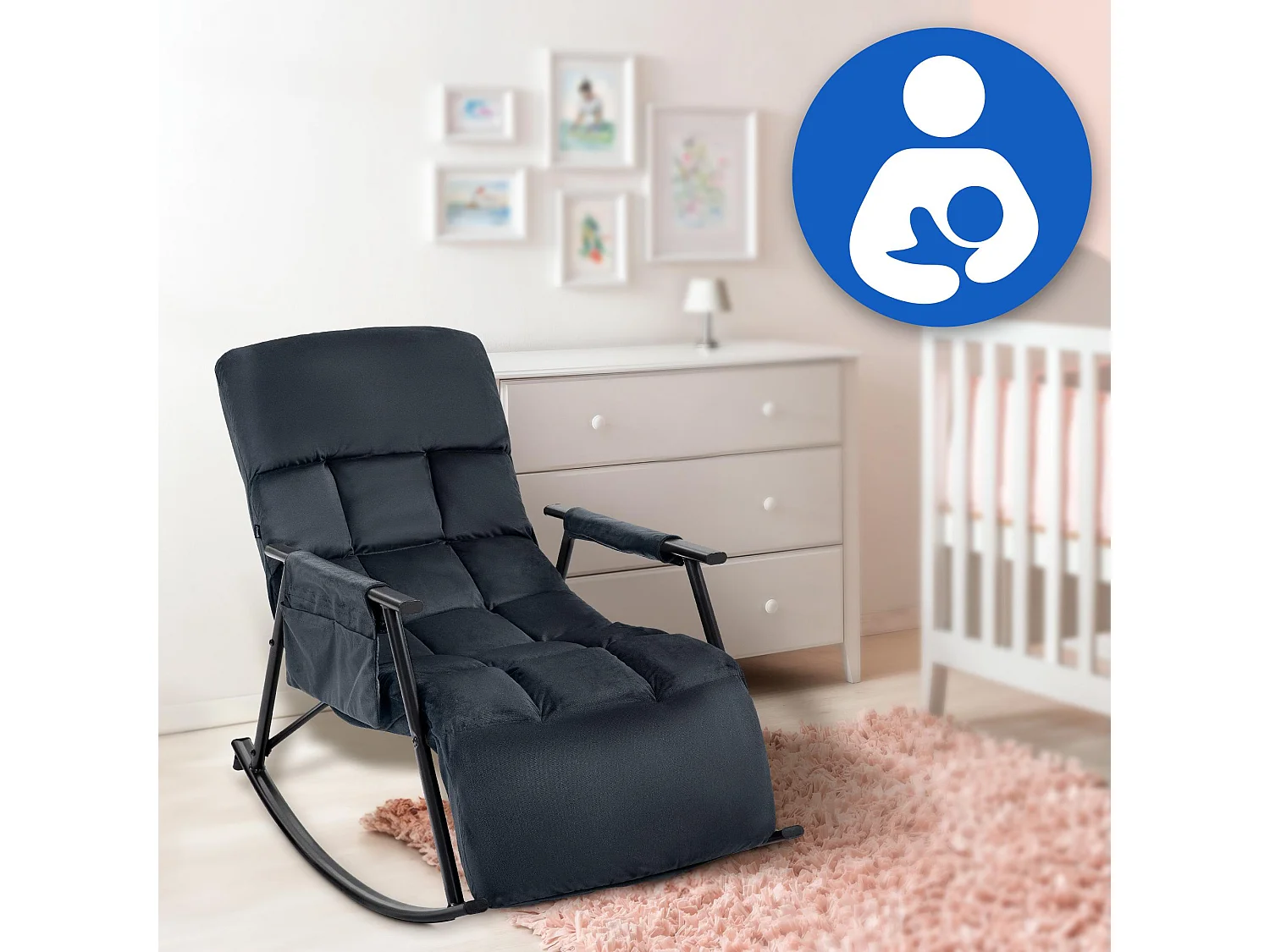 Fauteuil à bascule - Velours & Métal noir mat - Noir - Cathy