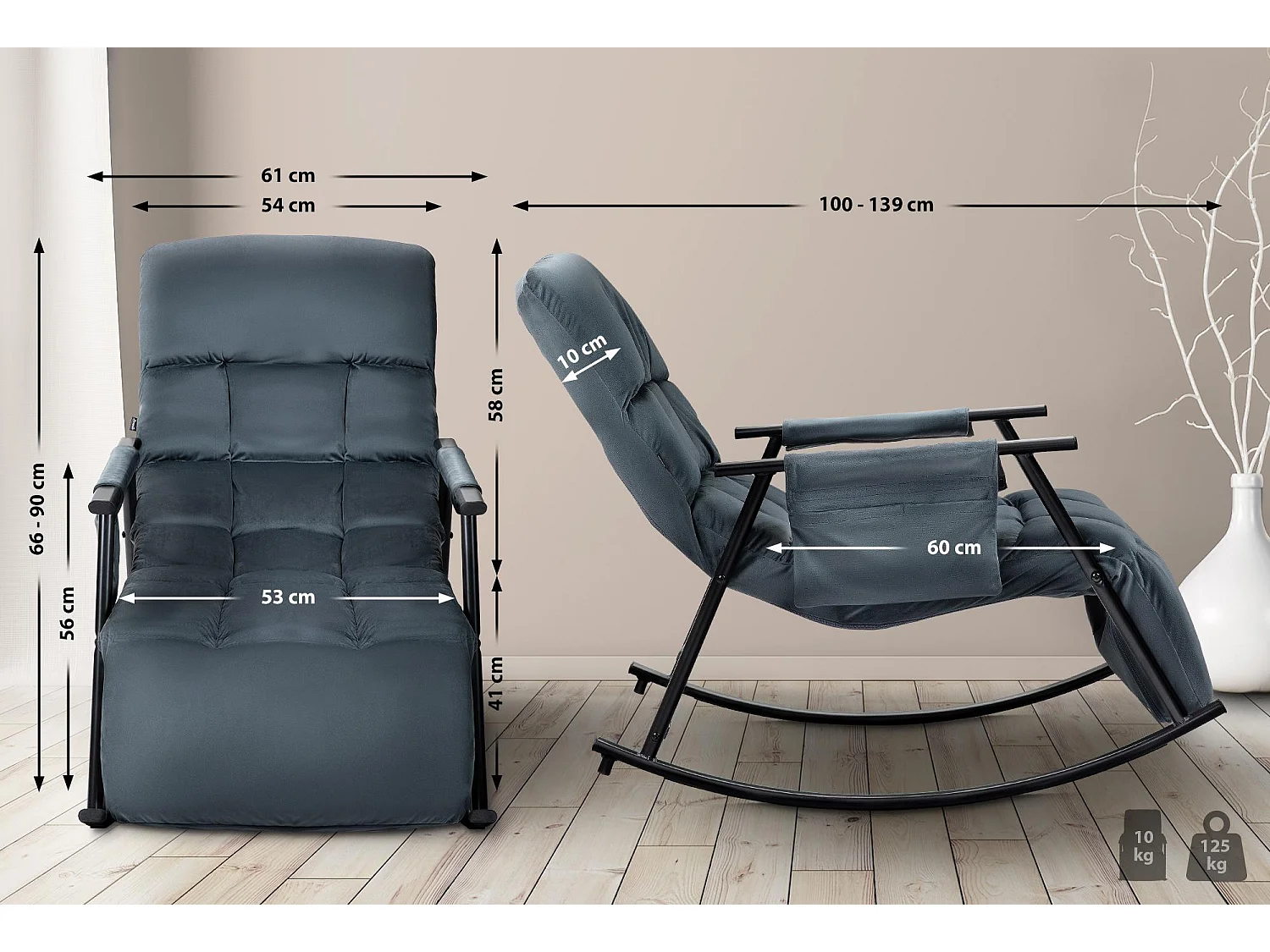 Fauteuil à bascule - Velours & Métal noir mat - Gris foncé - Cathy