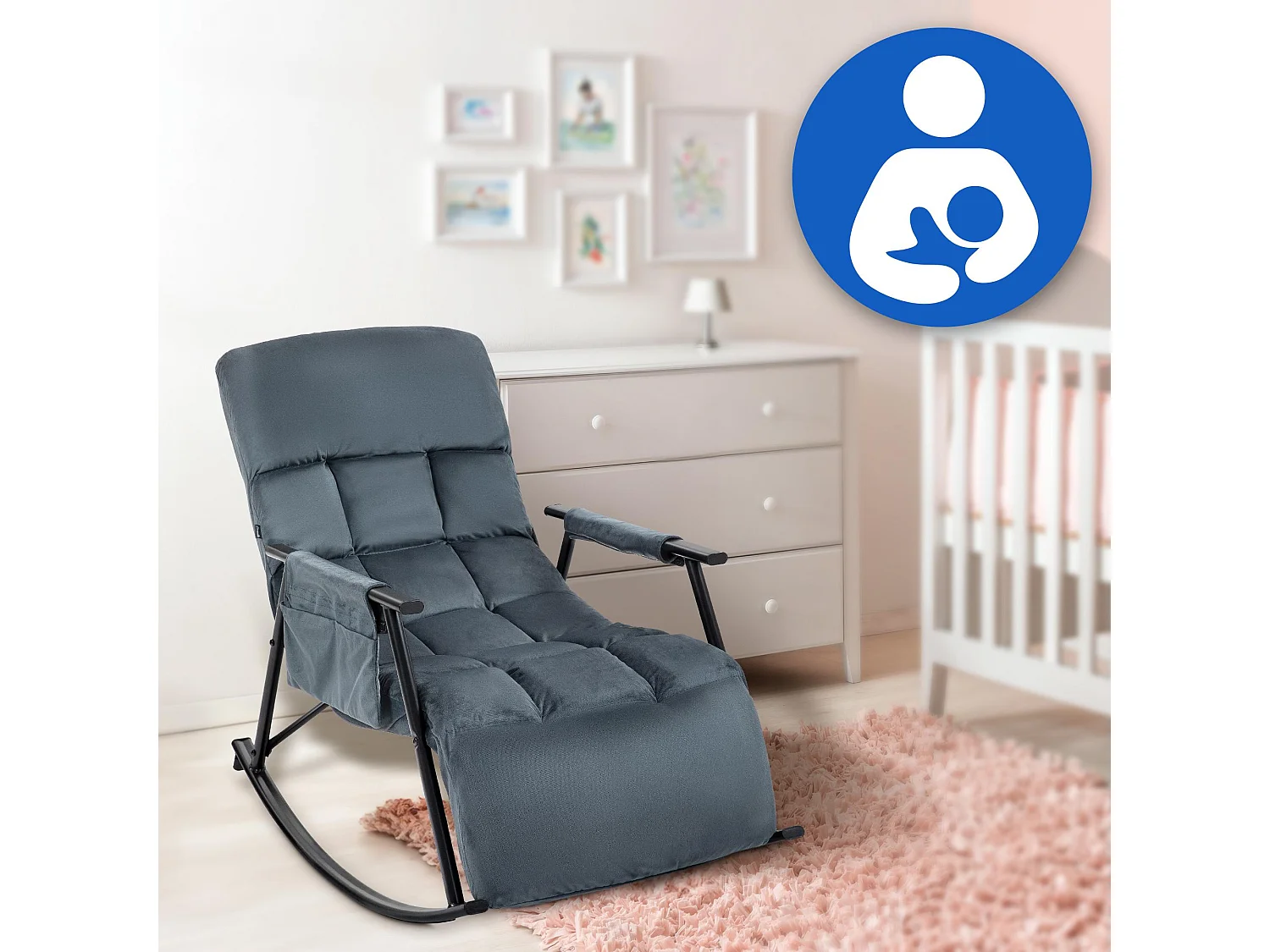 Fauteuil à bascule - Velours & Métal noir mat - Gris foncé - Cathy