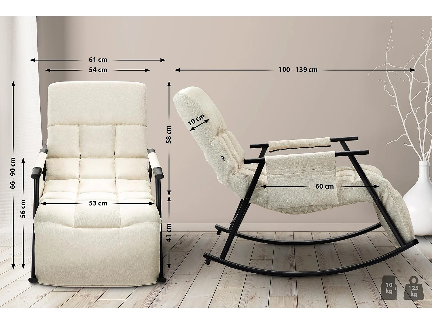 Fauteuil à bascule - Tissu & Métal noir mat - Crème - Cathy