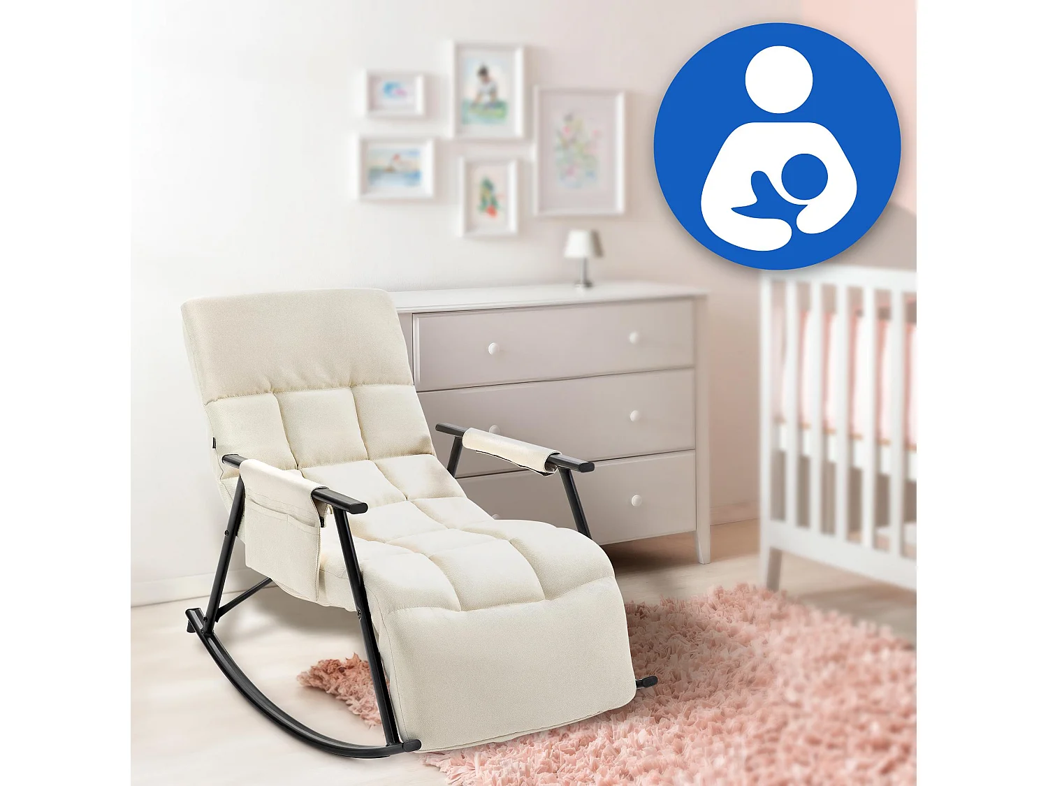 Fauteuil à bascule - Tissu & Métal noir mat - Crème - Cathy