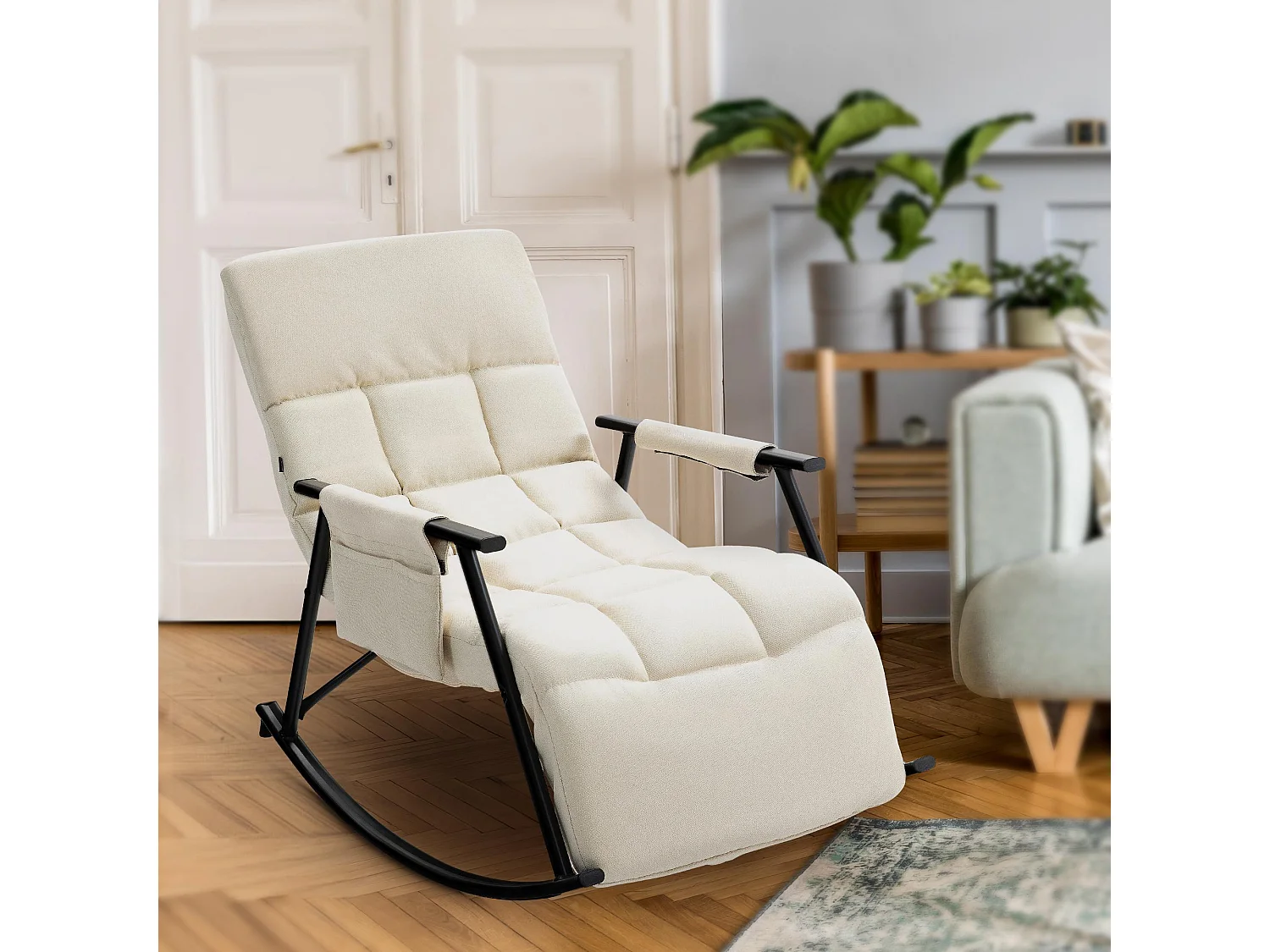 Fauteuil à bascule - Tissu & Métal noir mat - Crème - Cathy
