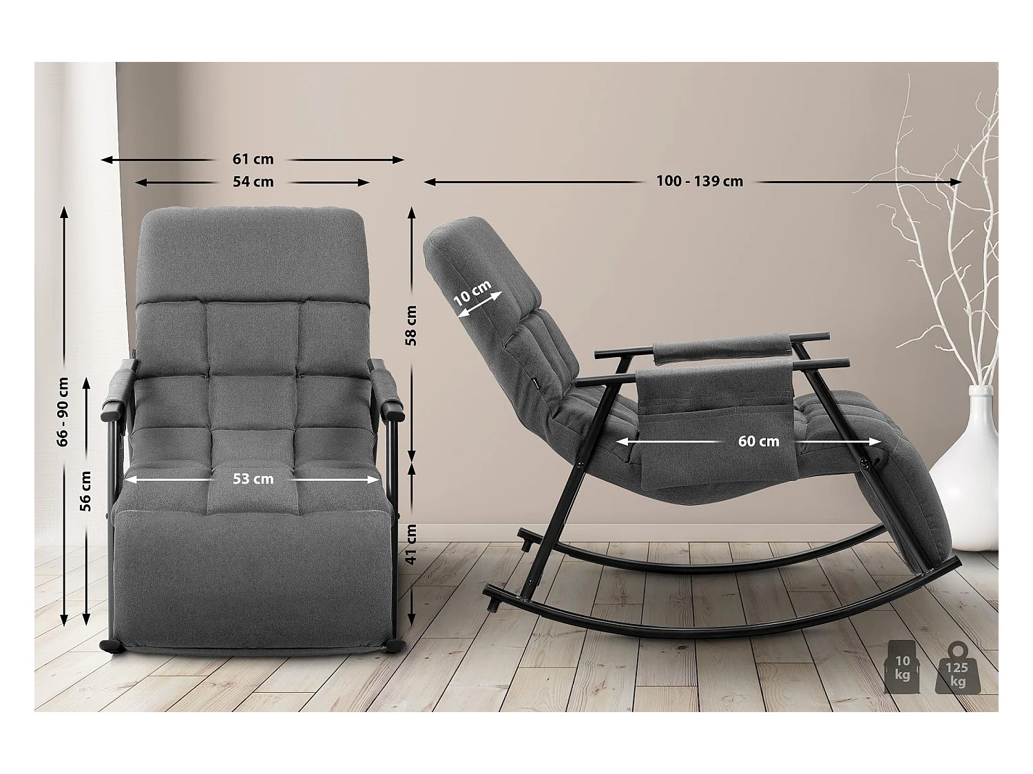 Fauteuil à bascule - Tissu & Métal noir mat - Gris foncé - Cathy