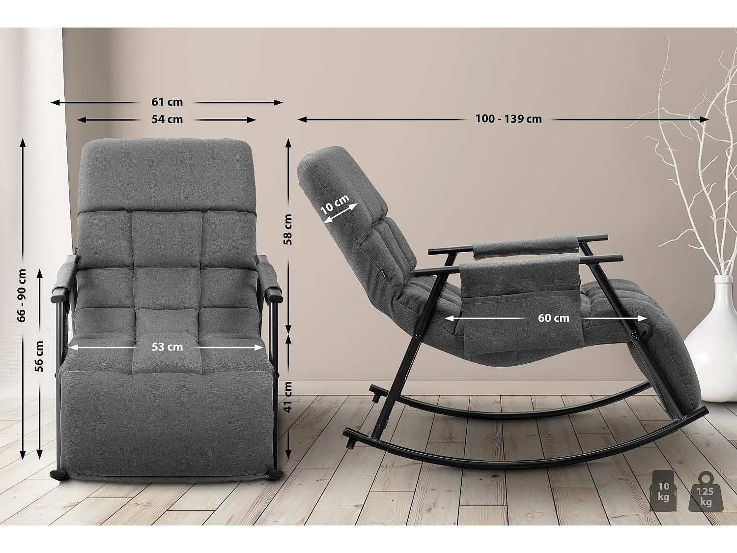 Fauteuil à bascule - Tissu & Métal noir mat - Gris foncé - Cathy
