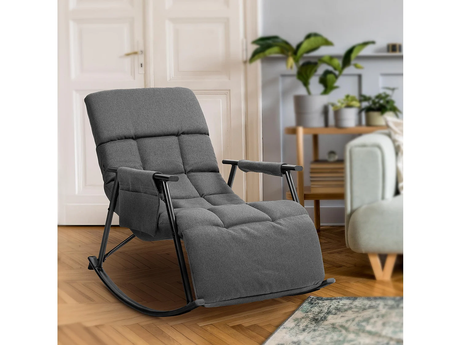 Fauteuil à bascule - Tissu & Métal noir mat - Gris foncé - Cathy