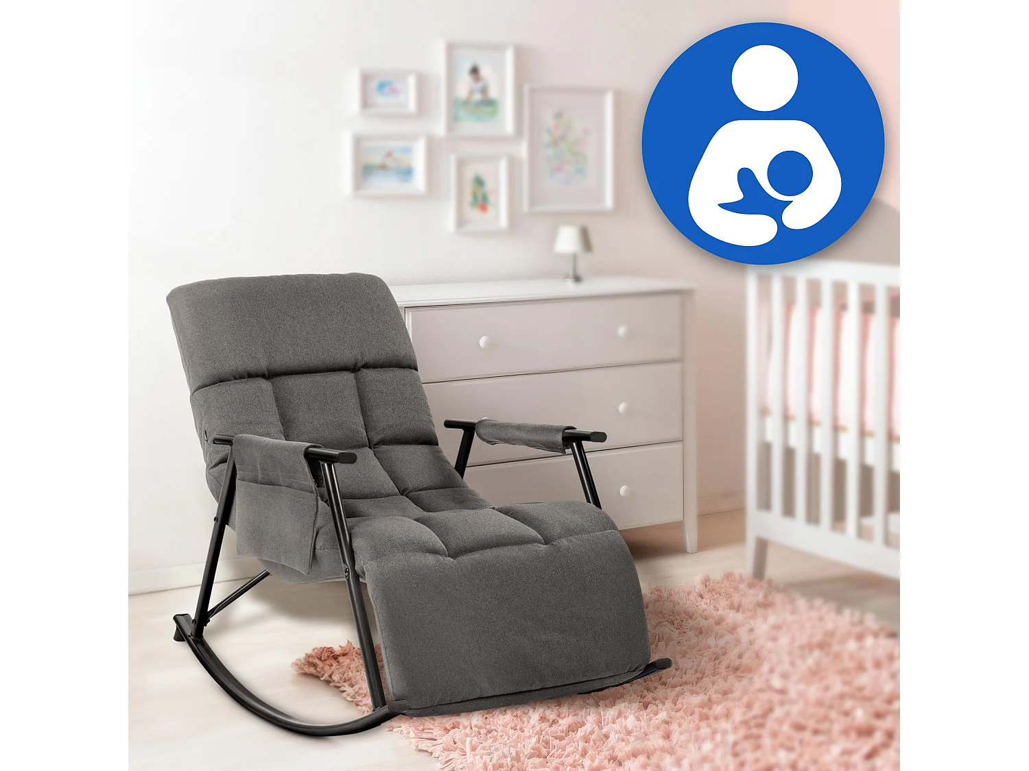 Fauteuil à bascule - Tissu & Métal noir mat - Gris foncé - Cathy