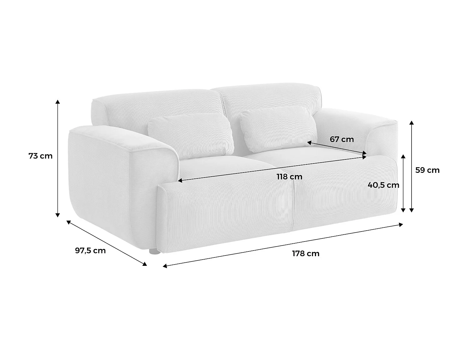 Canapé Wallas. 2 places. tissu velours côtelé gris foncé L 180 x P 98 x H 73cm