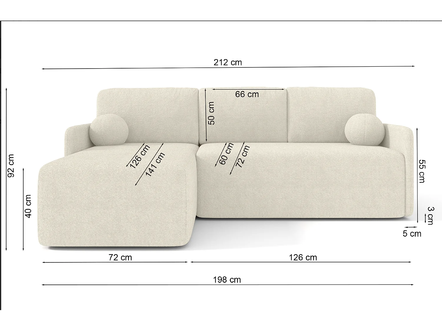 Canapé d'angle réversible convertible 3 places en tissu beige