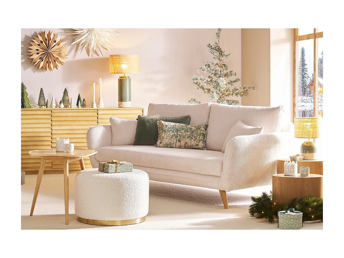 Runder Samt- und goldenes Metallpouf in Taupe D54 cm AMAYA