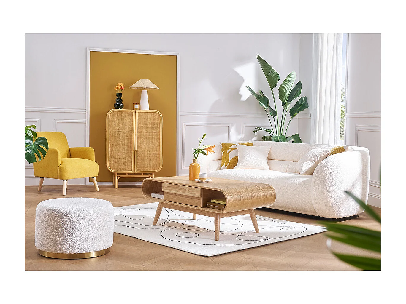 Pouf rond en tissu effet laine bouclée blanc cassé et métal doré D54 cm AMAYA