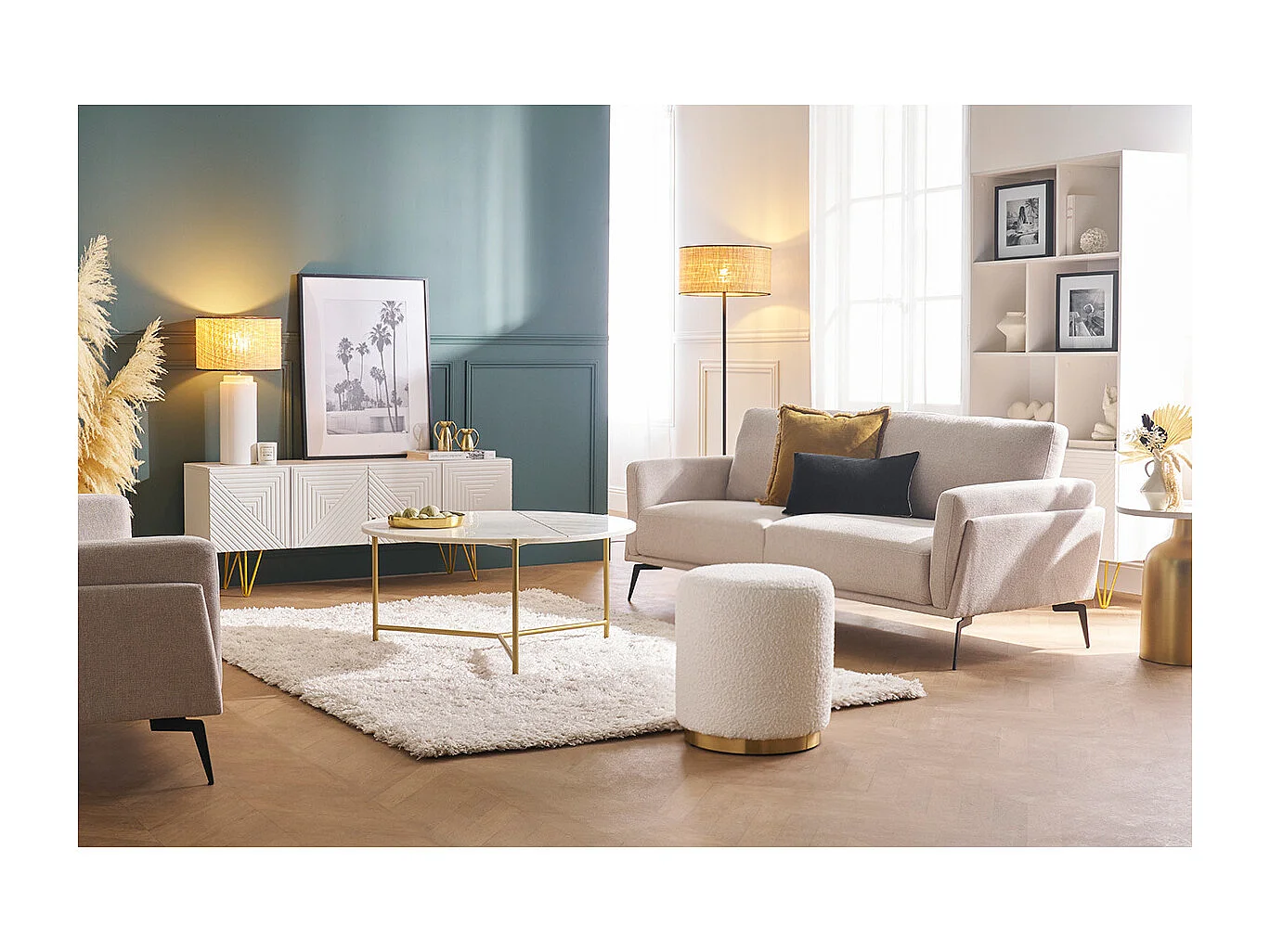 Pouf rond en velours bleu pétrole et métal doré D40 cm AMAYA