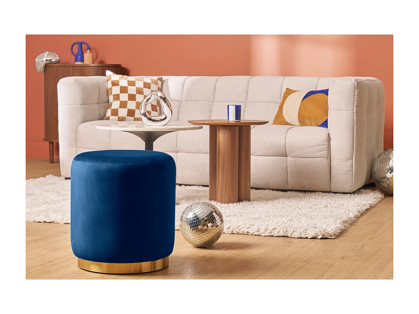 Pouf rond en velours bleu marine et métal doré D40 cm AMAYA