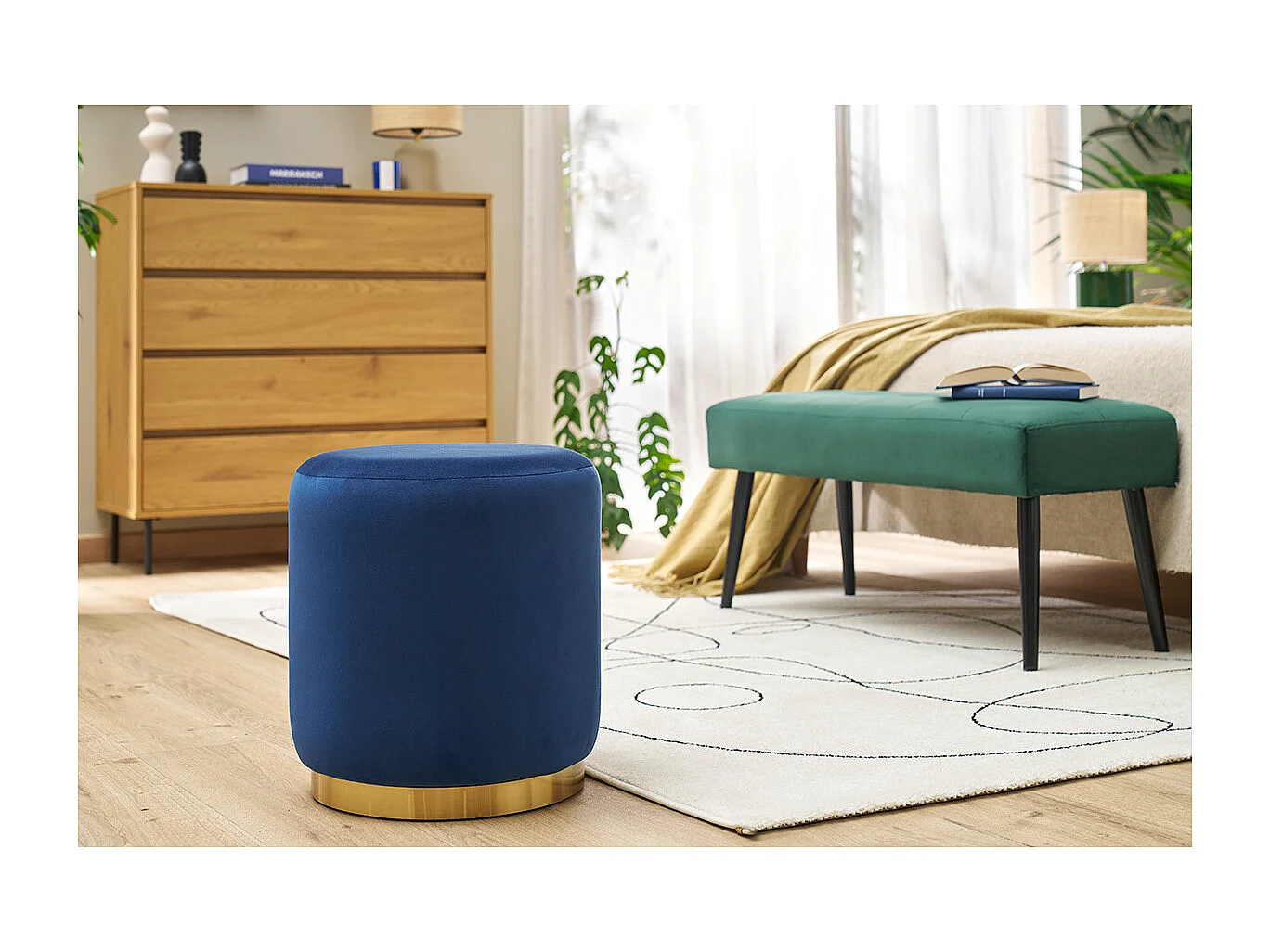 Runder Samtpouf in Marineblau und goldener Metallstruktur D40 cm AMAYA
