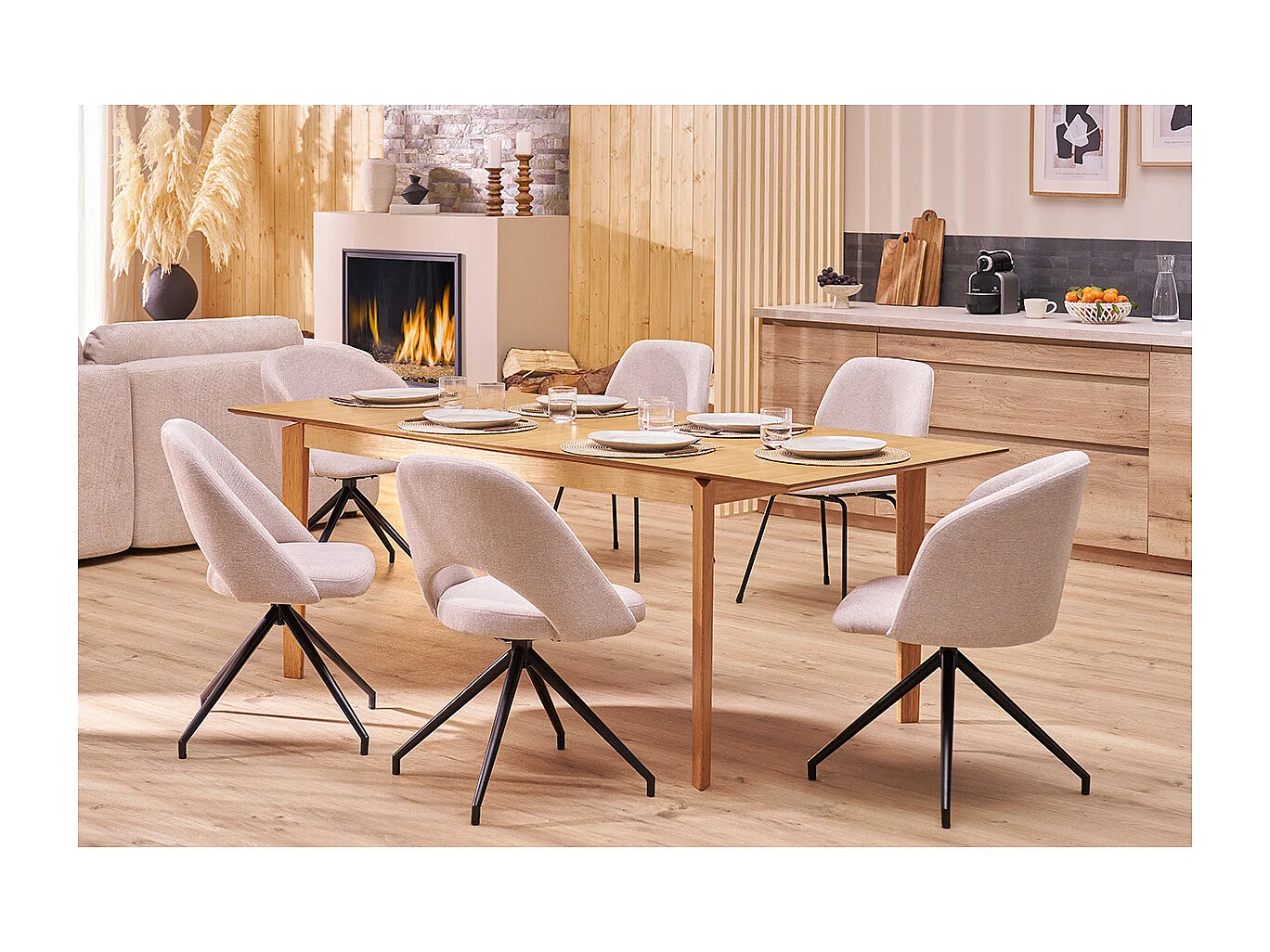 Design-Drehstuhl 360° aus beigem strukturiertem Samteffektstoff und schwarzem Metall VANITY