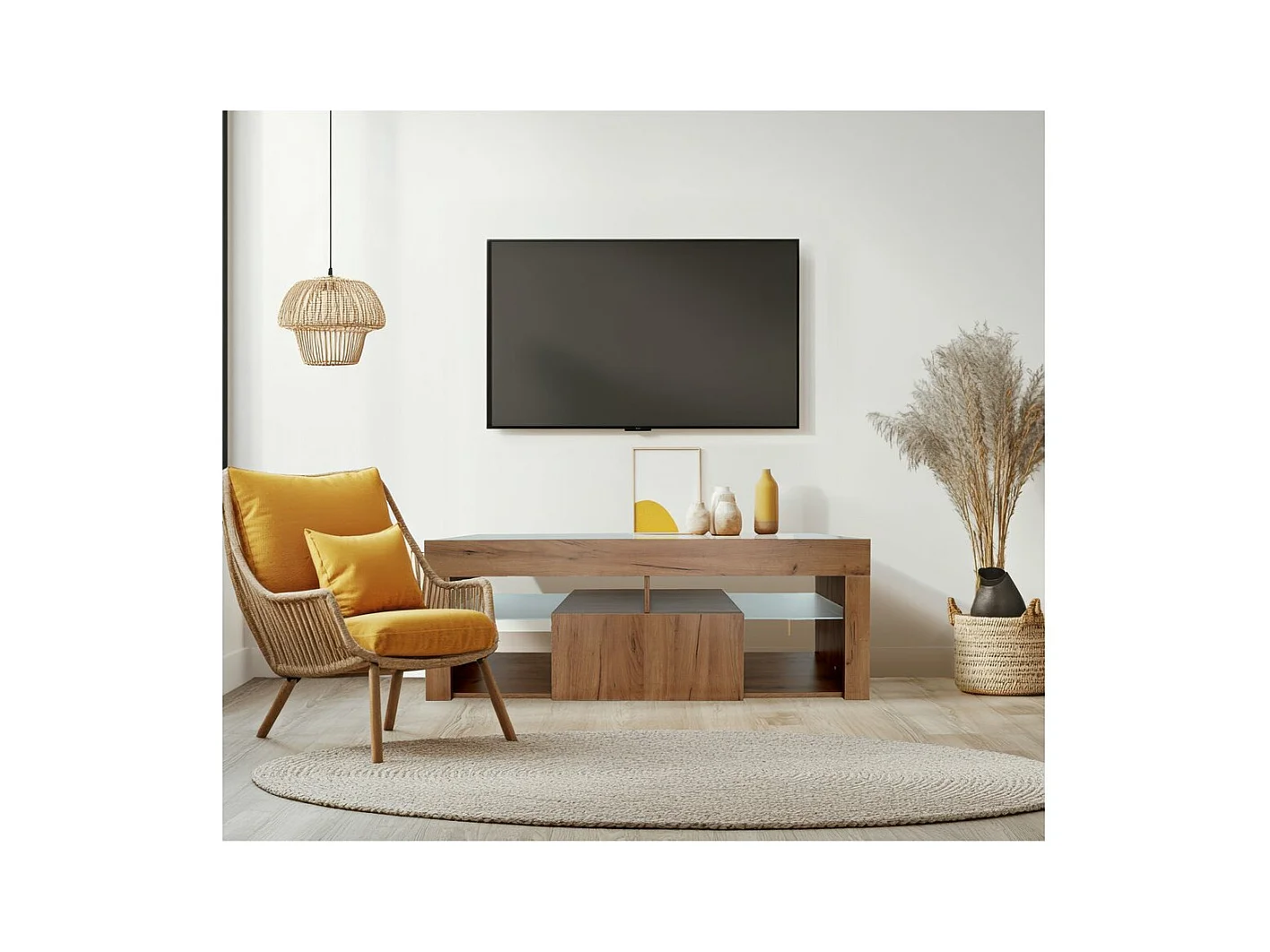 Meuble TV design bois "Hugo" - 140 x 40 x 50 cm - Marron