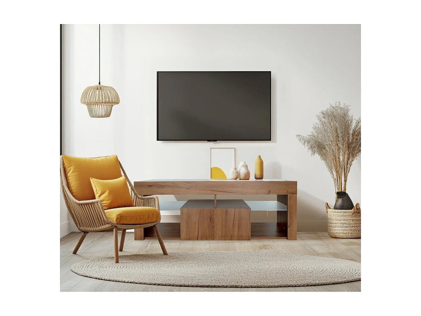 Meuble TV design bois "Hugo" - 140 x 40 x 50 cm - Marron