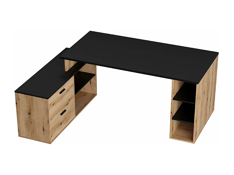 Bureau d'angle en mélamine coloris imitation chêne artisan / noir mat - Longueur 183  x profondeur 141 x Hauteur 75 cm