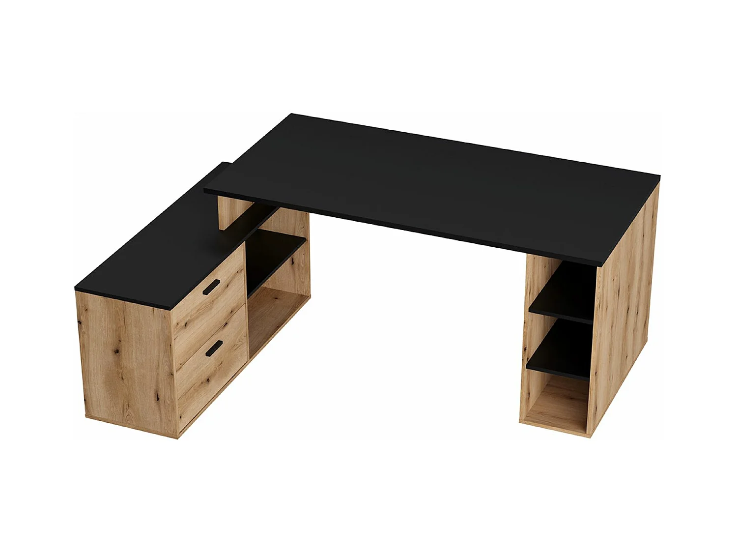 Bureau d'angle en mélamine coloris imitation chêne artisan / noir mat - Longueur 183  x profondeur 141 x Hauteur 75 cm