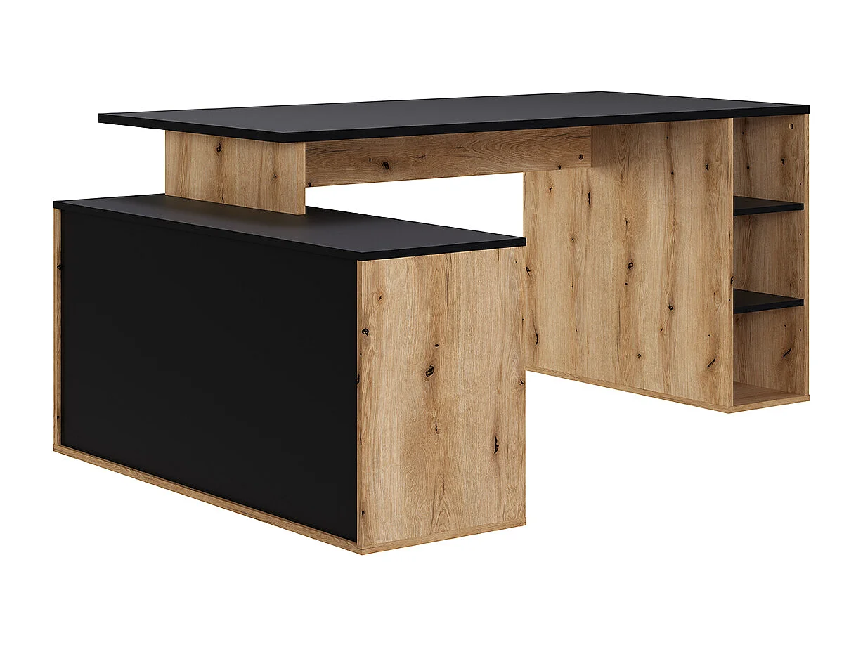 Bureau d'angle en mélamine coloris imitation chêne artisan / noir mat - Longueur 183  x profondeur 141 x Hauteur 75 cm
