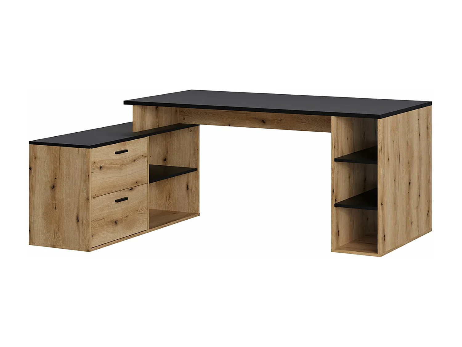 Bureau d'angle en mélamine coloris imitation chêne artisan / noir mat - Longueur 183  x profondeur 141 x Hauteur 75 cm