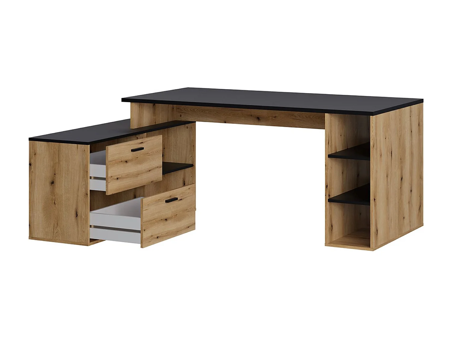 Bureau d'angle en mélamine coloris imitation chêne artisan / noir mat - Longueur 183  x profondeur 141 x Hauteur 75 cm