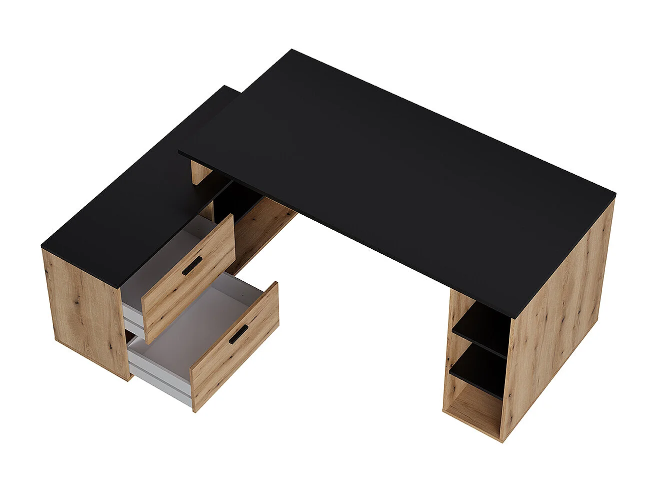 Bureau d'angle en mélamine coloris imitation chêne artisan / noir mat - Longueur 183  x profondeur 141 x Hauteur 75 cm